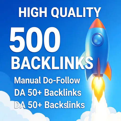Prompt: Bright blue and white colors dominate this eye-catching graphic, which features a stylized rocket launching upward, symbolizing growth and success. Prominently displayed are bold texts announcing “High Quality” and “500 Mix Backlinks,” alongside phrases like “Manual Do-Follow” and “DA 50+ Backlinks,” suggesting a digital marketing or SEO service. The rocket adds a dynamic element, evoking a sense of acceleration and performance in improving online visibility. The overall composition is clean and modern, aimed at attracting attention and conveying a message of premium quality and effectiveness in backlinking strategies.