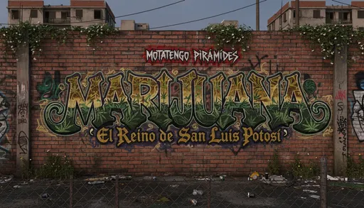 Prompt: create a live city brick wall with a large bold intricately MARIJUANA graffiti that says "El Reino de San Luis Potosi" have another title say. "MOTATENGO PIRÁMIDES" make it look hard and ghetto