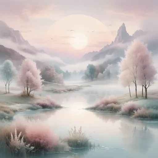 Prompt: An ethereal landscape with soft colors and misty details, evoking a sense of dreams and nostalgia, with the name "Dream Nostalgia" elegantly integrated into the design.