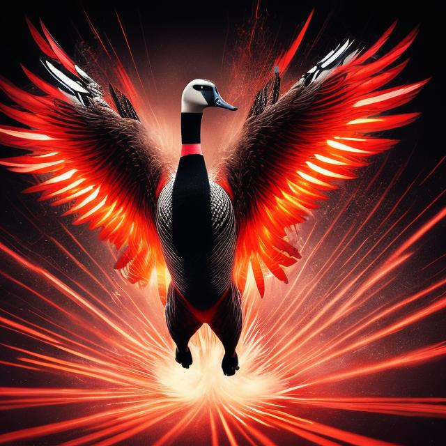 Prompt: Goose daredevil leaping from explosion with both wings fully spread wearing a red and white thin striped singlet, flamboyant, flair, dramatic lighting, high contrast, anime style, intense action, detailed feathers, adrenaline rush