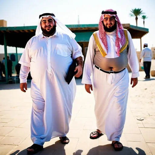 Prompt: A fat Arab man catches up with a skinny Arab man