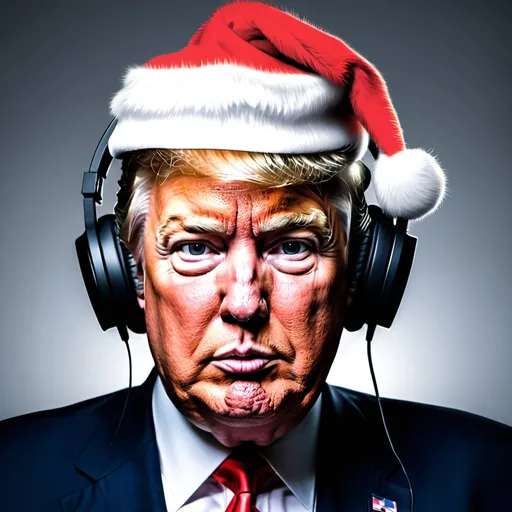 Prompt: Donald trump with a chrismas hat and headphones 