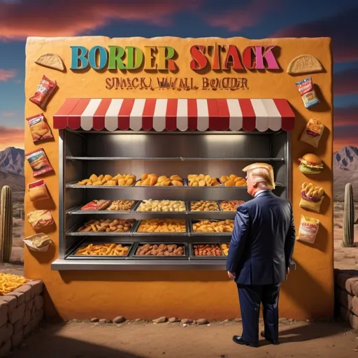 Prompt: Make a wall at the boarder from mexico with a snack wall inside , little small ovens to keep the snack warm, and donald trump