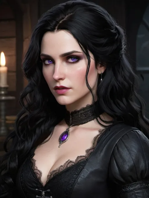 Prompt: 
Yennefer of Vengerberg is a strikingly beautiful woman with an air of mystery and power. She has long, jet-black hair that falls in thick, glossy waves down her back, often framing her sharp, delicate features. Her most captivating feature is her violet eyes—almond-shaped and intense, they seem to pierce right through anyone who meets her gaze, revealing both her intelligence and the depth of her emotions.

Yennefer’s skin is pale, almost alabaster, contrasting starkly with her dark hair and making her appearance all the more mesmerizing. She has high cheekbones and a slightly pointed chin, giving her face an aristocratic, almost ethereal look. Her lips are full and often painted in shades of deep red or purple, adding to her allure.

Despite her petite frame, Yennefer carries herself with immense confidence and poise. She is always impeccably dressed, often seen in elegant black gowns that emphasize her slim figure and heighten her enigmatic presence. Her style is both sophisticated and understated, reflecting her refined taste and her affinity for the color black, which symbolizes her connection to magic and mystery.