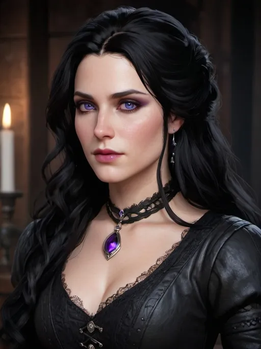 Prompt: 
Yennefer of Vengerberg is a strikingly beautiful woman with an air of mystery and power. She has long, jet-black hair that falls in thick, glossy waves down her back, often framing her sharp, delicate features. Her most captivating feature is her violet eyes—almond-shaped and intense, they seem to pierce right through anyone who meets her gaze, revealing both her intelligence and the depth of her emotions.

Yennefer’s skin is pale, almost alabaster, contrasting starkly with her dark hair and making her appearance all the more mesmerizing. She has high cheekbones and a slightly pointed chin, giving her face an aristocratic, almost ethereal look. Her lips are full and often painted in shades of deep red or purple, adding to her allure.

Despite her petite frame, Yennefer carries herself with immense confidence and poise. She is always impeccably dressed, often seen in elegant black gowns that emphasize her slim figure and heighten her enigmatic presence. Her style is both sophisticated and understated, reflecting her refined taste and her affinity for the color black, which symbolizes her connection to magic and mystery.