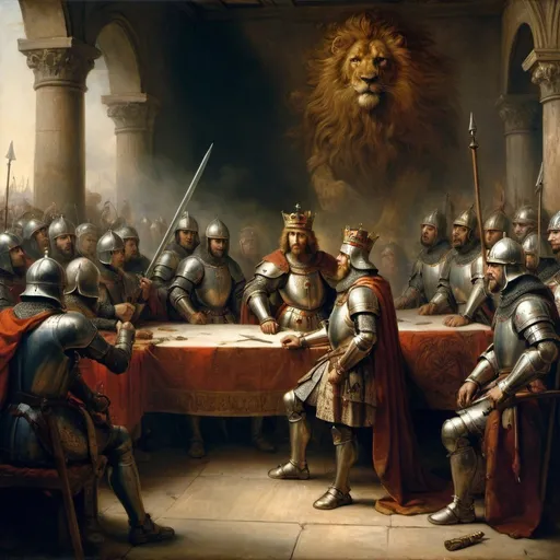 Prompt: Richard the Lion heart, talking to his war council, crusades, epic, ancient, oil painting, detailed, Rembrandt 