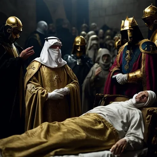 Prompt: Baldwin IV of Jerusalem on his death bed scene, wearing regal gold mask, historically accurate, oil painting, detailed, Rembrandt 