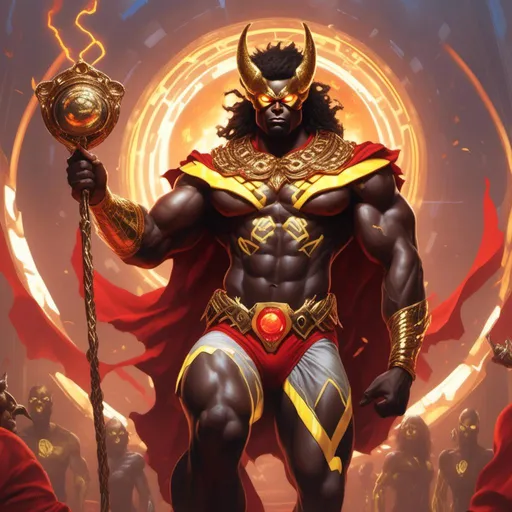 Prompt: my<mymodel>african god with glowing yellow eyes wearing red and black attire