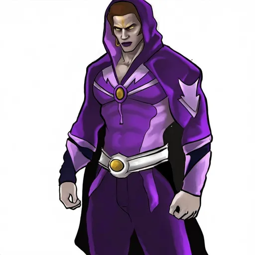 Prompt: a drawing of a man in a purple outfit with a yellow button on his chest and a black cape on his head, Cedric Seaut (Keos Masons), lyco art, concept design art, concept art