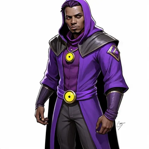 Prompt: a drawing of a man in a purple outfit with a yellow button on his chest and a black cape on his head, Cedric Seaut (Keos Masons), lyco art, concept design art, concept art