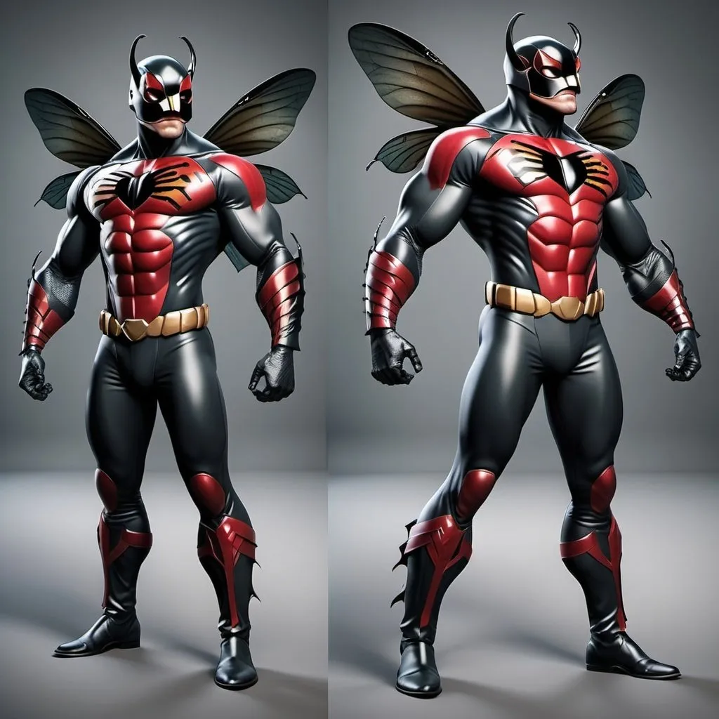 Prompt: create a super hero with insect like features, beetle  design on chest