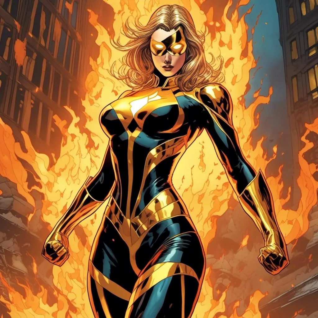 Prompt: <mymodel> femle super heroine with dark black eyes and golden fire