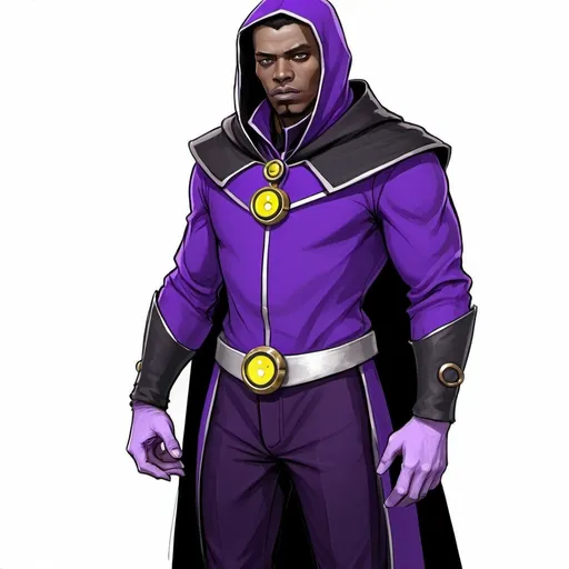 Prompt: a drawing of a man in a purple outfit with a yellow button on his chest and a black cape on his head, Cedric Seaut (Keos Masons), lyco art, concept design art, concept art