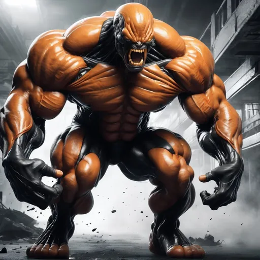 Prompt: massive hulking alien, gray skinned, short deadlocks, orange and black muscle top, dynamic background, realistic, dynamic lighting, high quality, realism, intense expression, rushing forward