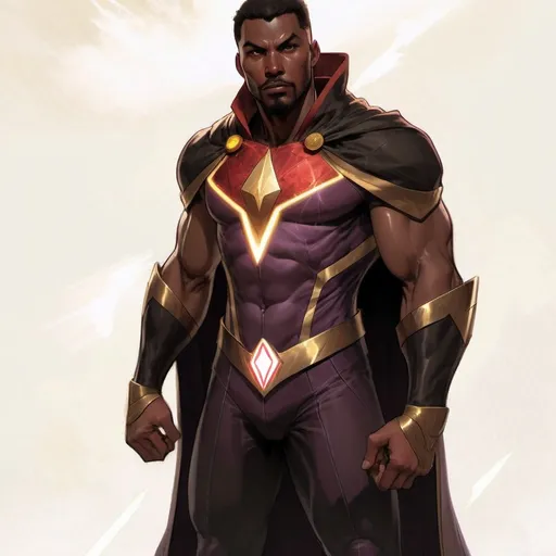 Prompt: a drawing of a man in a purple outfit with a yellow button on his chest and a black cape on his head, Cedric Seaut (Keos Masons), lyco art, concept design art, concept art