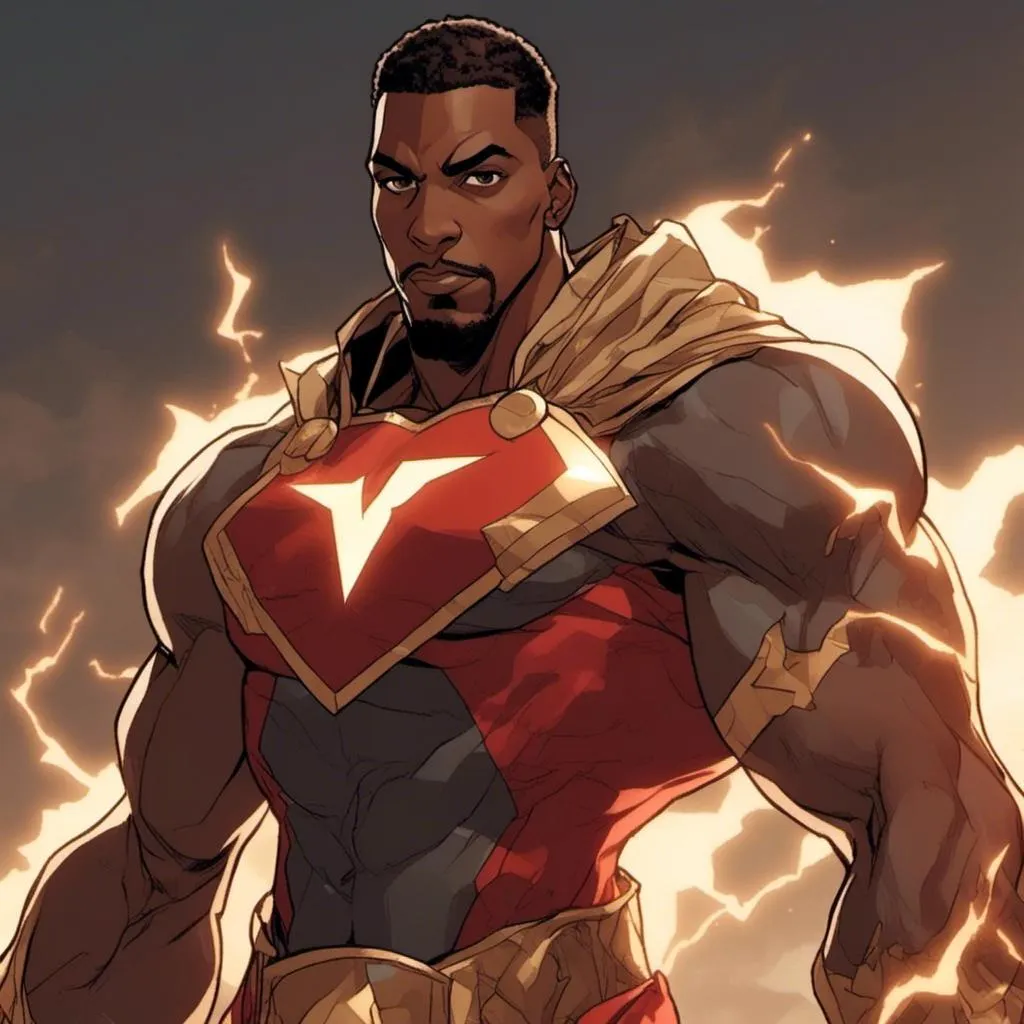 Prompt: <mymodel> muscular african hero, handsome light skinned man wearing black and red athletic attire, with lightning bolt and shield of light