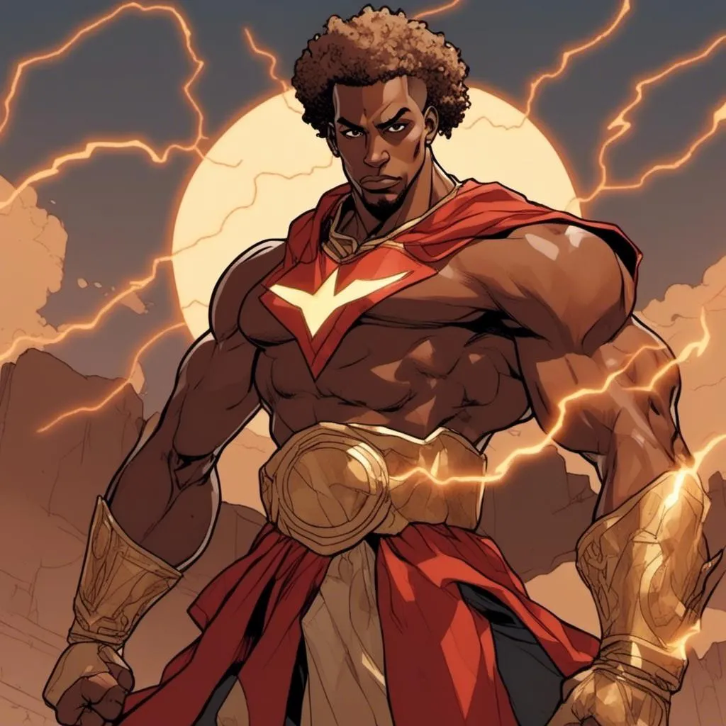 Prompt: <mymodel> muscular african hero, handsome light skinned man wearing black and red athletic attire, with lightning bolt and shield of light