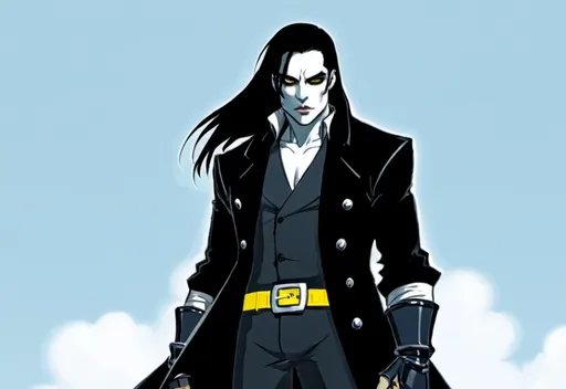 Prompt: a man with long hair and a black jacket is standing in front of a blue sky with a yellow belt, Cedric Seaut (Keos Masons), gothic art, comic cover art, a character portrait