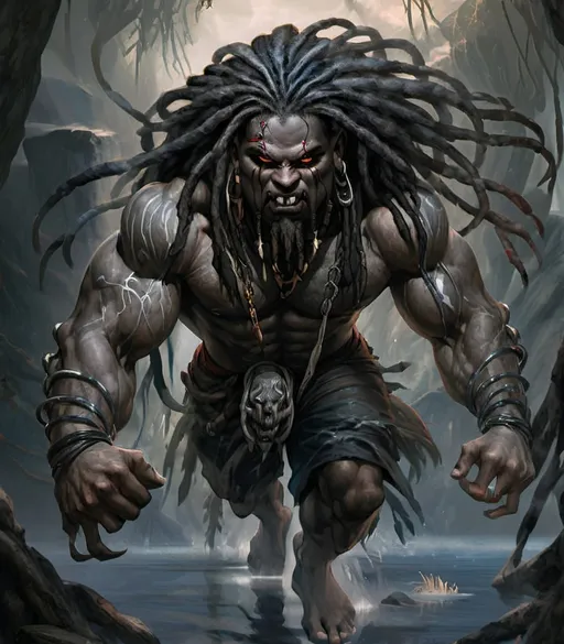 Prompt: a painting of a man with dreads and a demon face on his face and hands, with a body of water in the background, Chris Rahn, fantasy art, magic the gathering artwork, concept art