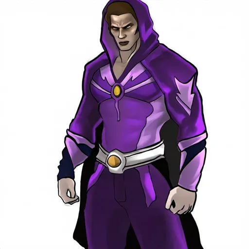 Prompt: a drawing of a man in a purple outfit with a yellow button on his chest and a black cape on his head, Cedric Seaut (Keos Masons), lyco art, concept design art, concept art