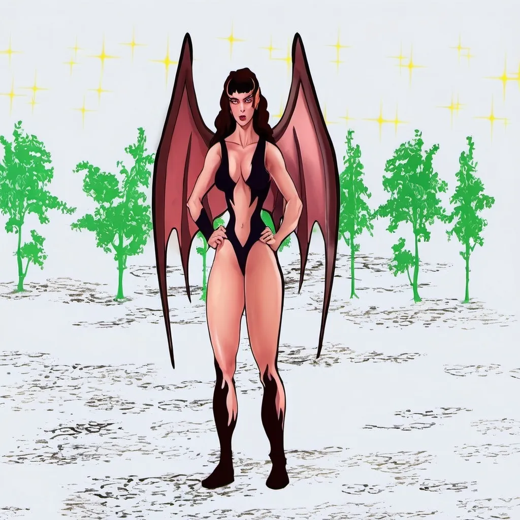 Prompt: beautiful demon woman with razor shape eyebrows, glowing yellow eyes wearing black bikini attire with leather boot, dragon like wings on her back.high detail, vice style art