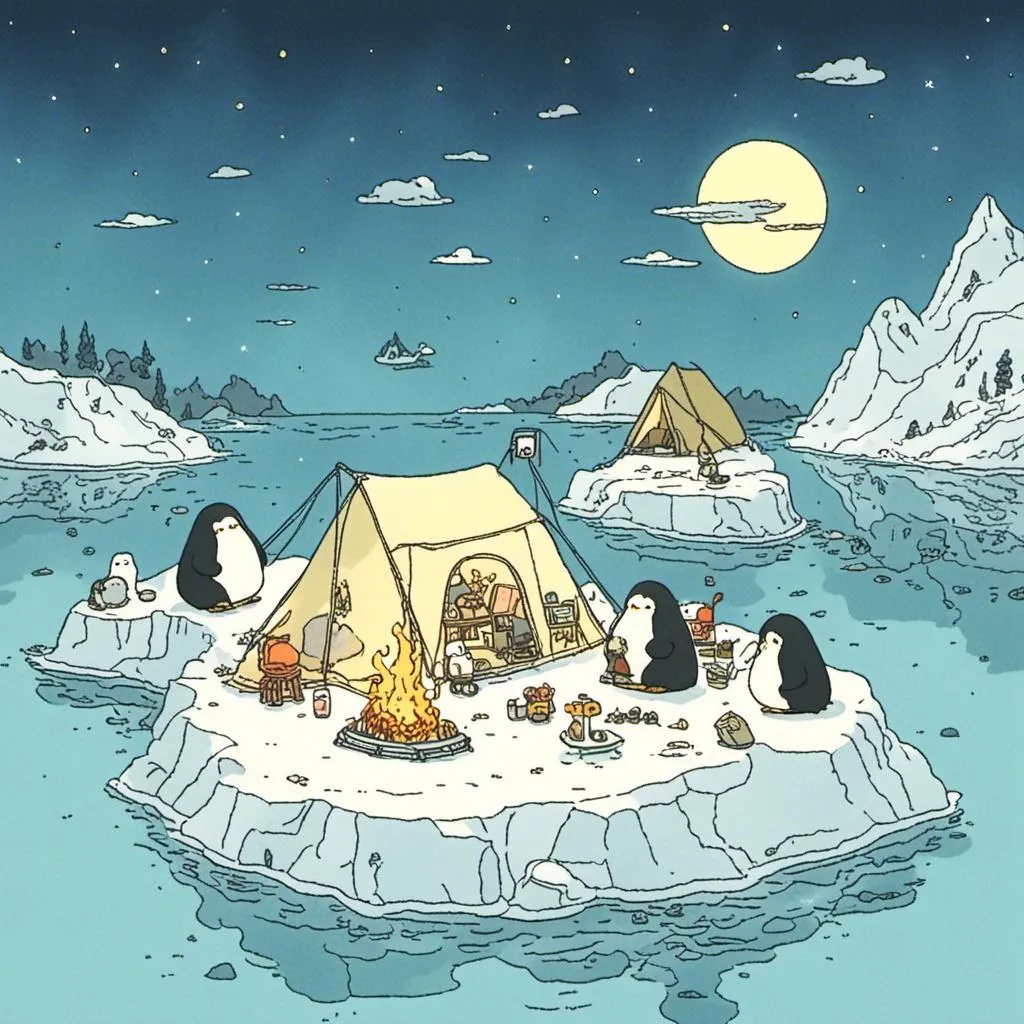 Prompt: <mymodel> Penguins camping on iceberg 