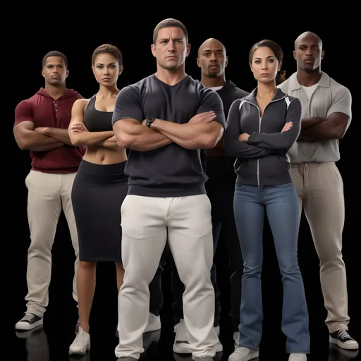 Prompt: 4k, detailed, high quality, professional, wide view, full lbody shots, dark back ground, 7 people standing in a line, central character; tall white mail  good looking athletic 30's hands in pocket, a man 60's arms open, a beautiful mixed race female 35 serious with a her arms folded,  a ganster 50 with a mean looking holding a small leather bag, an angry man cropped hair and tattoos , a beautiful white woman 30's long curly hair athletic and casually dressed,, a scruffy man 20's 