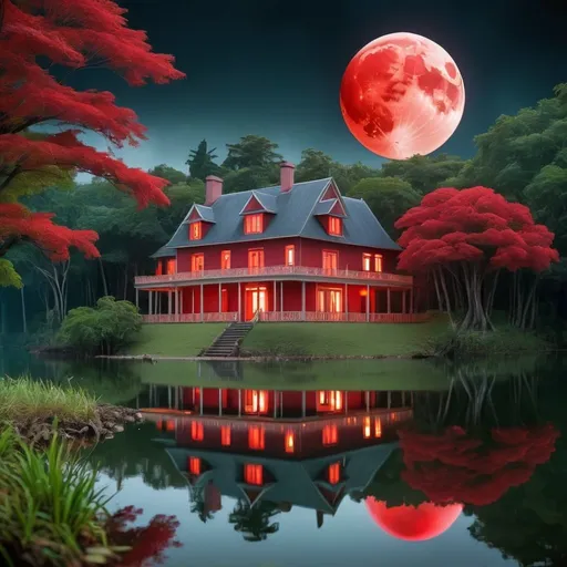 Prompt: a mysterious forest next to a lake, high quality, colonial house red moon

