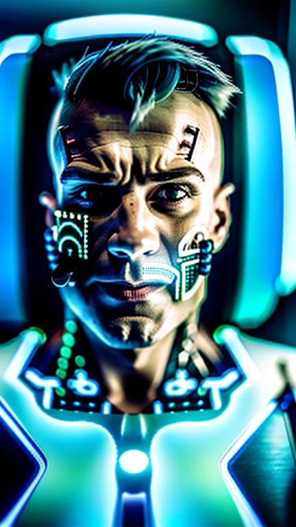 Prompt: Male futuristic cyborg face driving semi

