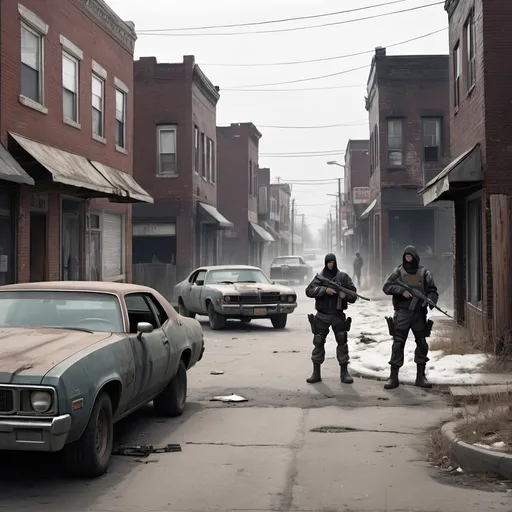 Prompt: armed men standing in the middle of a neighborhood street; there is guard booth behind them and there are abandoned cars along the side of the street the  overall style is real life dystopian