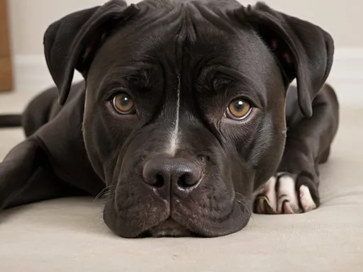 Prompt: Create a highly realistic image of a black dog that is a cross between an Italian Mastiff and an American Bulldog. The dog is 4 years old and should appear cute and handsome. The dog has a strong, muscular build characteristic of its breeds, with a sleek, shiny black coat that has some white mixed in on the chest. The dog should not have any wrinkles or white hairs on its face. Its eyes are large, expressive, and captivating, showcasing a deep, soulful look. The facial expression should be friendly and approachable, highlighting the dog's charming personality. Ensure the ears are well-defined, one ear slightly perked up, and the other relaxed. The background should be a simple, neutral setting to keep the focus on the dog