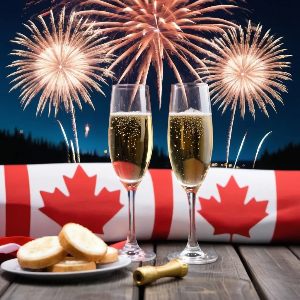 Prompt: Happy Canada Day with Fireworks and champain