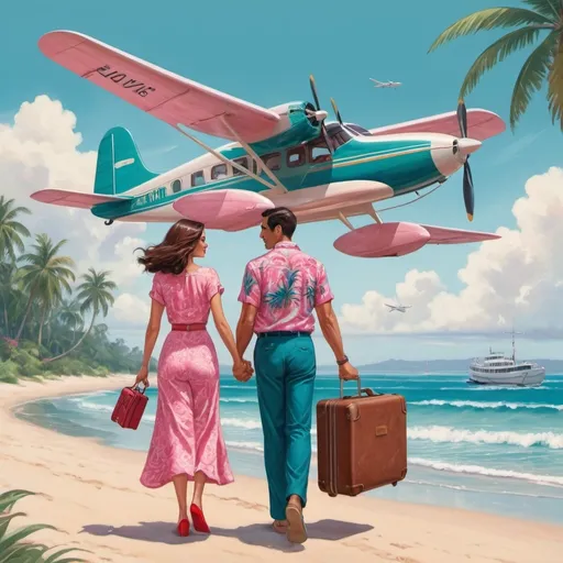 Prompt: 
This image is a vibrant, colorful illustration featuring a couple standing on a sandy beach, gazing at a large seaplane on the water in the background. The couple, viewed from behind, is holding hands, with the man carrying a suitcase and the woman holding a pair of red shoes in her hand. The man is dressed in a patterned teal shirt and white pants, while the woman is wearing a pink dress with swirling patterns.

The seaplane, with its propellers and large wings, dominates the background, suggesting an adventurous or romantic journey. The scene is bright and lively, with blue skies, fluffy clouds, and palm leaves in the foreground, giving the image a tropical and vacation-like feel. The overall composition conveys a sense of anticipation and excitement, as the couple seems to be about to embark on a journey together.