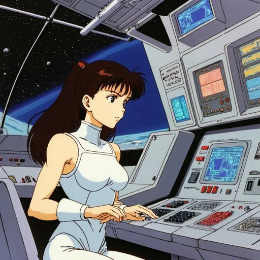 Prompt: 1990s anime screencap, massive space ship, robot girl fixing control panel 