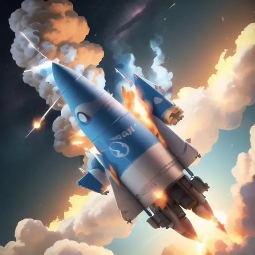 Prompt: A cartoon-style icon of a classic three-finned rocket blasting off from a launchpad, with a trail of fire and smoke behind it. The sky is a bright blue with fluffy white clouds.
