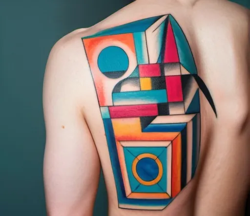 Prompt: Cubism and surreal tattoo. Bold lines and vibrant colors. 