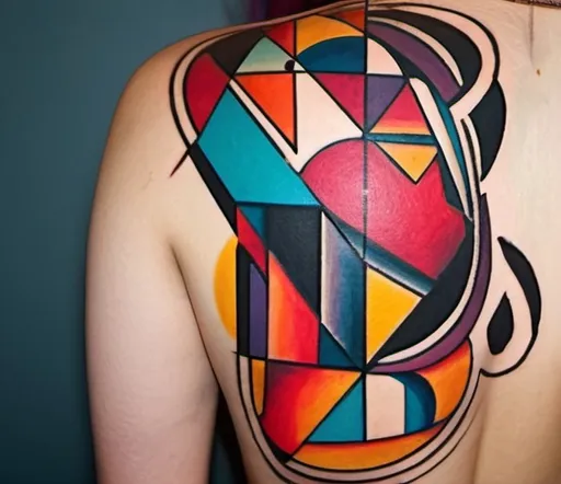 Prompt: Cubism and surreal tattoo. Bold lines and vibrant colors. 