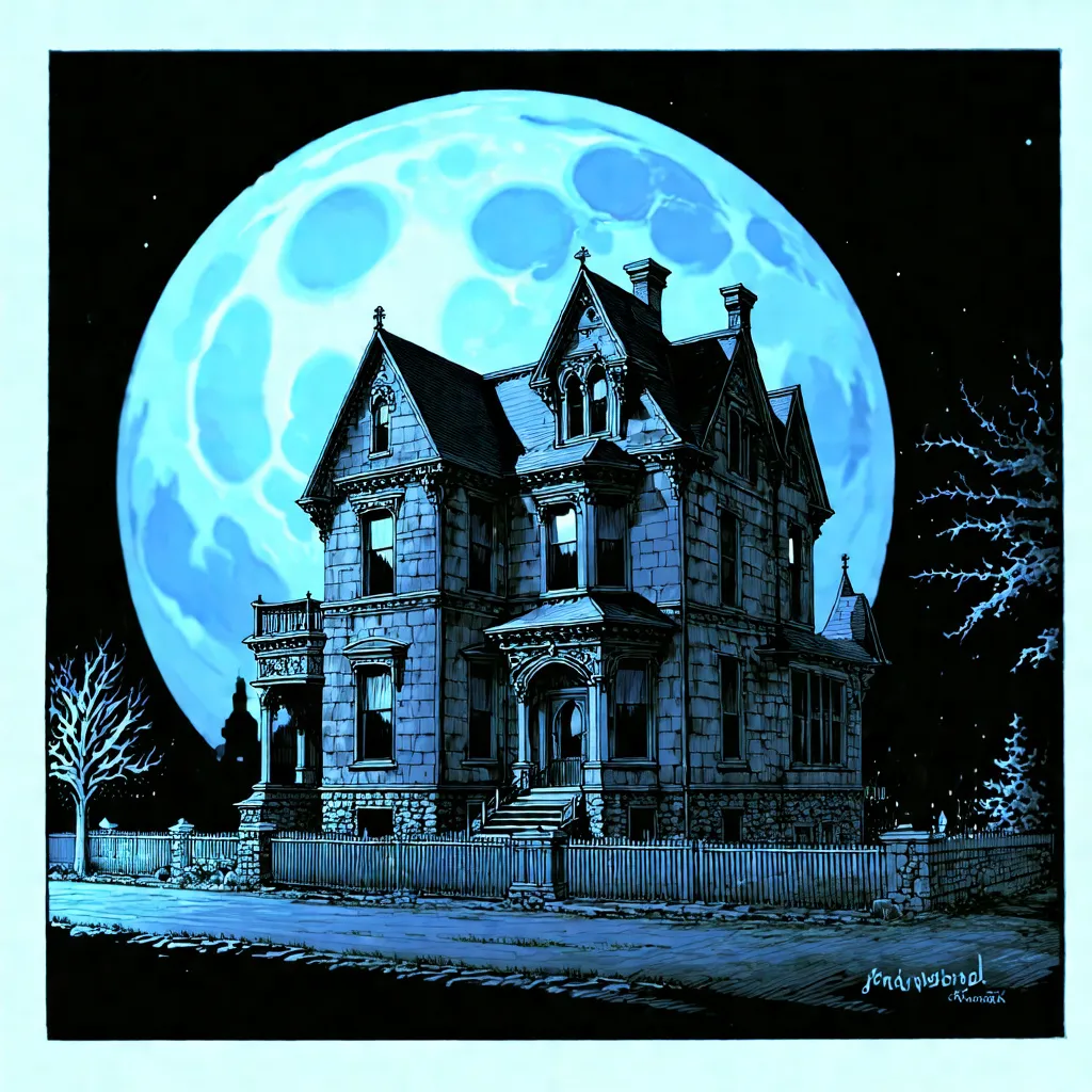 Prompt: a colored pencil sketch drawing of a very large run down Old Gothic Mansion, stone fence, full moon night, intricate lines