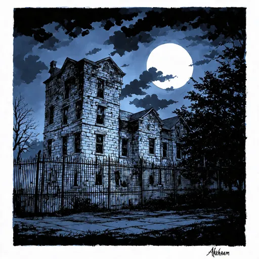 Prompt: a colored pencil sketch drawing of a very large run down Old Arkham Asylum building, stone fence, full moon night, intricate lines