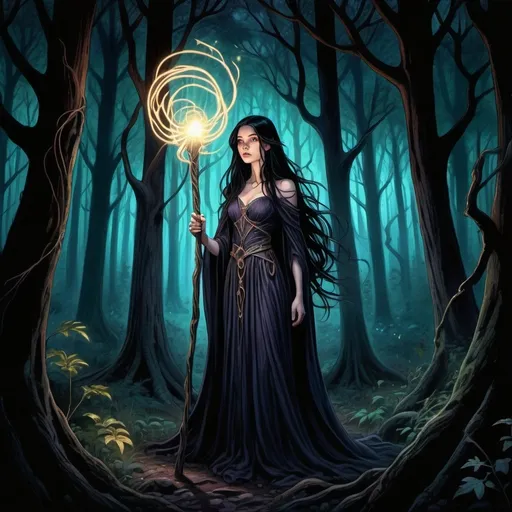 Prompt: A colored pencil sketch cartoon of (Girl Sorcerer holding a glowing Staff of power), standing in a dark forest, long black hair flowing in the wind, deep shadows, eerie atmosphere, mystical light, magical luminescence, high contrast between dark forest and glowing staff, wisps of magical energy surrounding the staff, detailed forest background with twisted ancient trees, moody twilight, surreal elements, ultra-detailed illustration, vibrant yet dark color tones, enchanted ambiance, 4K quality.