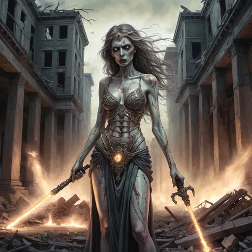 Prompt: A Colored pencil sketch drawing of (A Lady turning into a Goddess of Destruction zombie), holding a glowing staff of power, weapon is glowing, standing in the middle of a battle, dramatic transformation, intricate linework, powerful aura, ruins in the background, decayed buildings, broken structures, detailed urban decay, bleak atmosphere, focused and intense expression, dark and haunting, very detailed, highly intricate, 4K, ultra-detailed.