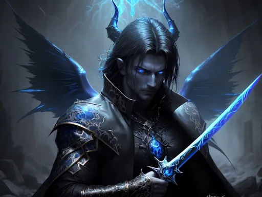 Prompt: a man in a black coat holding a sword in his hands with blue lights on his face and a demon on his chest, Anne Stokes, fantasy art, epic fantasy character art, a character portrait