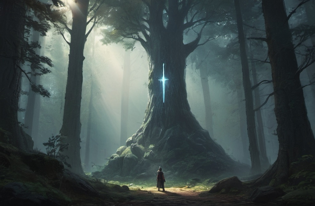 Prompt: a sword is glowing in the middle of a forest with a rock in the foreground and a light shining through the trees, Dirk Crabeth, fantasy art, dark fantasy art, concept art