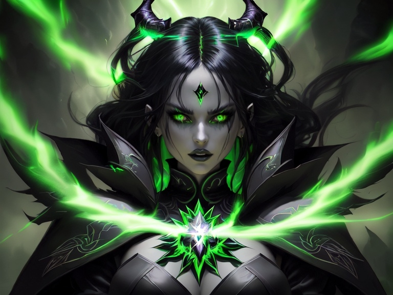 Prompt: a female in a black coat holding green power in her hands with green lights on her face and a demon on her chest, Anne Stokes, fantasy art, epic fantasy character art, a character portrait