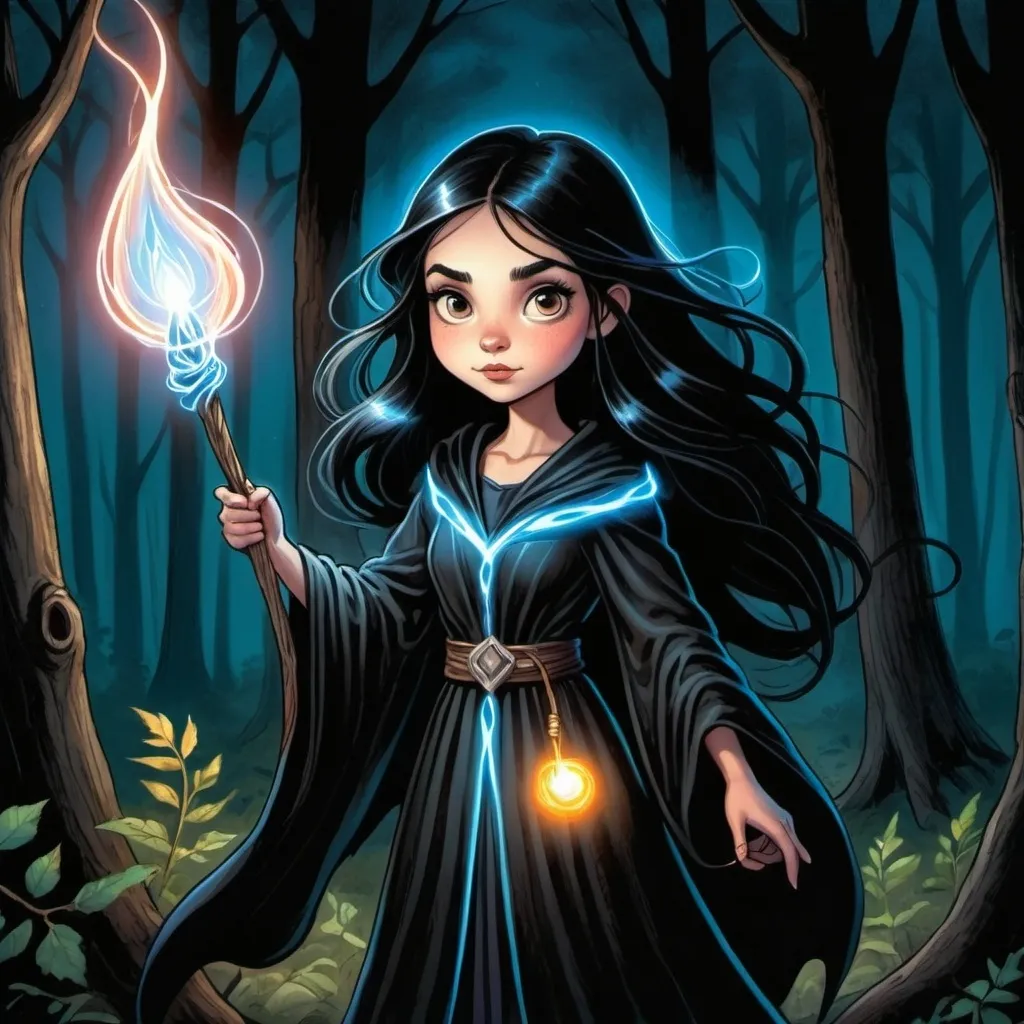 Prompt: A Colored pencil sketch Cartoon of (Girl Sorcerer holding a glowing Staff of power), standing in a dark forest, long black hair flowing in the wind