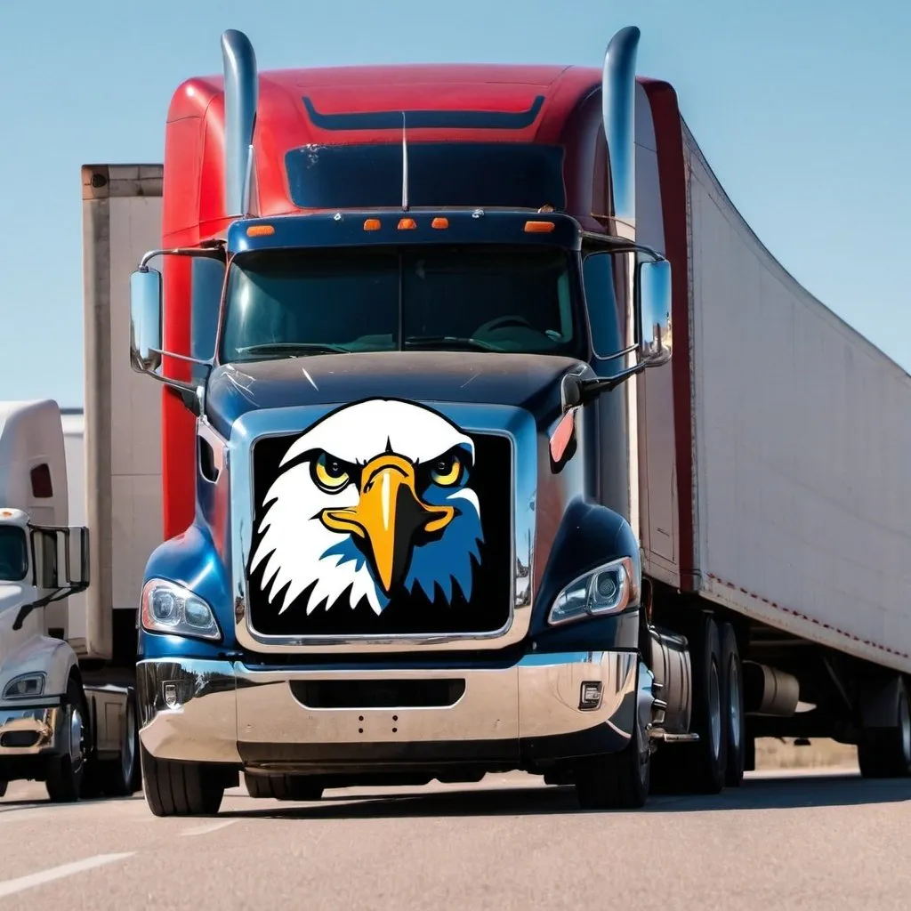 Prompt: a big semi truck with an eagle on the front 