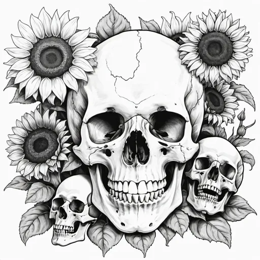 Prompt: a black and white outline drawing. Includes skulls and sunflowers.