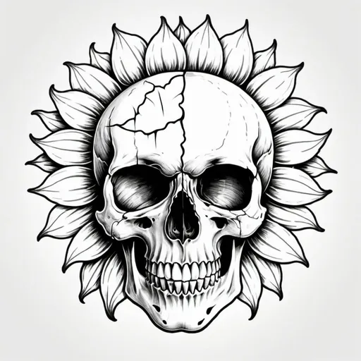Prompt: black outline drawing. half skull, half sunflower.