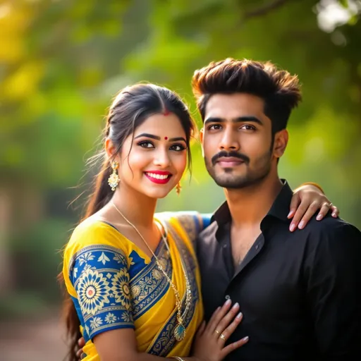 Prompt: In a vibrant outdoor setting, a young couple stands close together, with the sunlight softly illuminating their features. The woman, wearing a striking yellow and blue sari adorned with intricate designs, beams a warm smile that reflects exuberance and confidence, her hair slicked back neatly. Beside her, the young man exudes a casual yet stylish demeanor in a black shirt, his expression serious but relaxed as he gently wraps an arm around her shoulder. The background features blurred greenery, suggesting an early morning or late afternoon atmosphere, which enhances the sense of intimacy between the two. The colorful attire and the couple's comfortable poses contribute to an overall mood of joy and connection, encapsulating a moment of youthful affection.