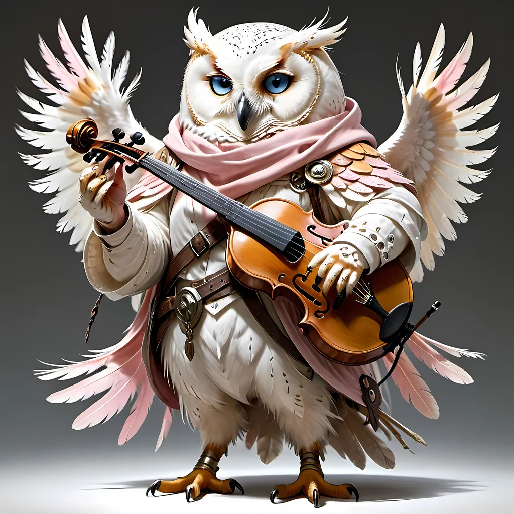 Prompt: high resolution, beautiful, full body human size owlin from dungeons and dragons , a tyto alba specie, with owl eyebrows, beautiful, golden and colourful feathers, blue eyes, wearing grayish white and pastel pink bard clothes, palid beak, holding a violin in one hand and a violin bow in the other hand